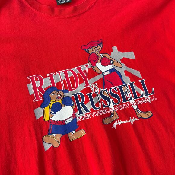 Vintage Y2k Fubu Platinum Rudy Vs. Russell Red Fat Albert Tee Shirt Sz 2XL XXL - Picture 2 of 7